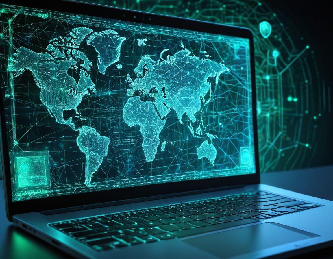 A futuristic digital shield encircling multiple internet browser icons on a sleek laptop screen, symbolizing protection. The shield is glowing, with interconnected lines representing proxy networks. Background shows an abstract global network map in shades of blue and green. Highly detailed, with vibrant colors and a touch of cyber security elements. High-tech, cyberpunk, vibrant colors, super-realistic.
