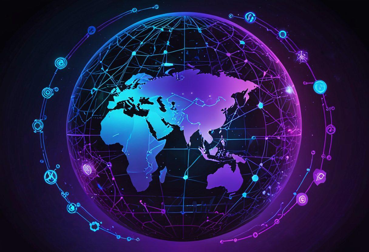 A futuristic digital landscape where interconnected networks form a glowing web around a globe, symbolizing limitless internet potential. Include icons and symbols representing various proxy solutions like VPNs, anonymizers, and secure connections. The background should have a gradient of vibrant blues and purples signifying technology and security. cyberpunk style. vibrant colors.