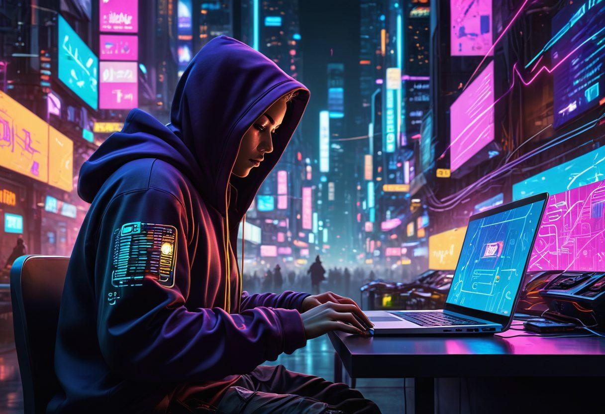 A futuristic digital cityscape with glowing neon lights representing data streams. In the foreground, a person in a hoodie typing on a laptop with a multicolored forcefield around them, symbolizing strong online protection. Icons of shields and fast-moving proxies can be seen zipping through the data streams. Cyberpunk. vibrant colors. super-realistic.